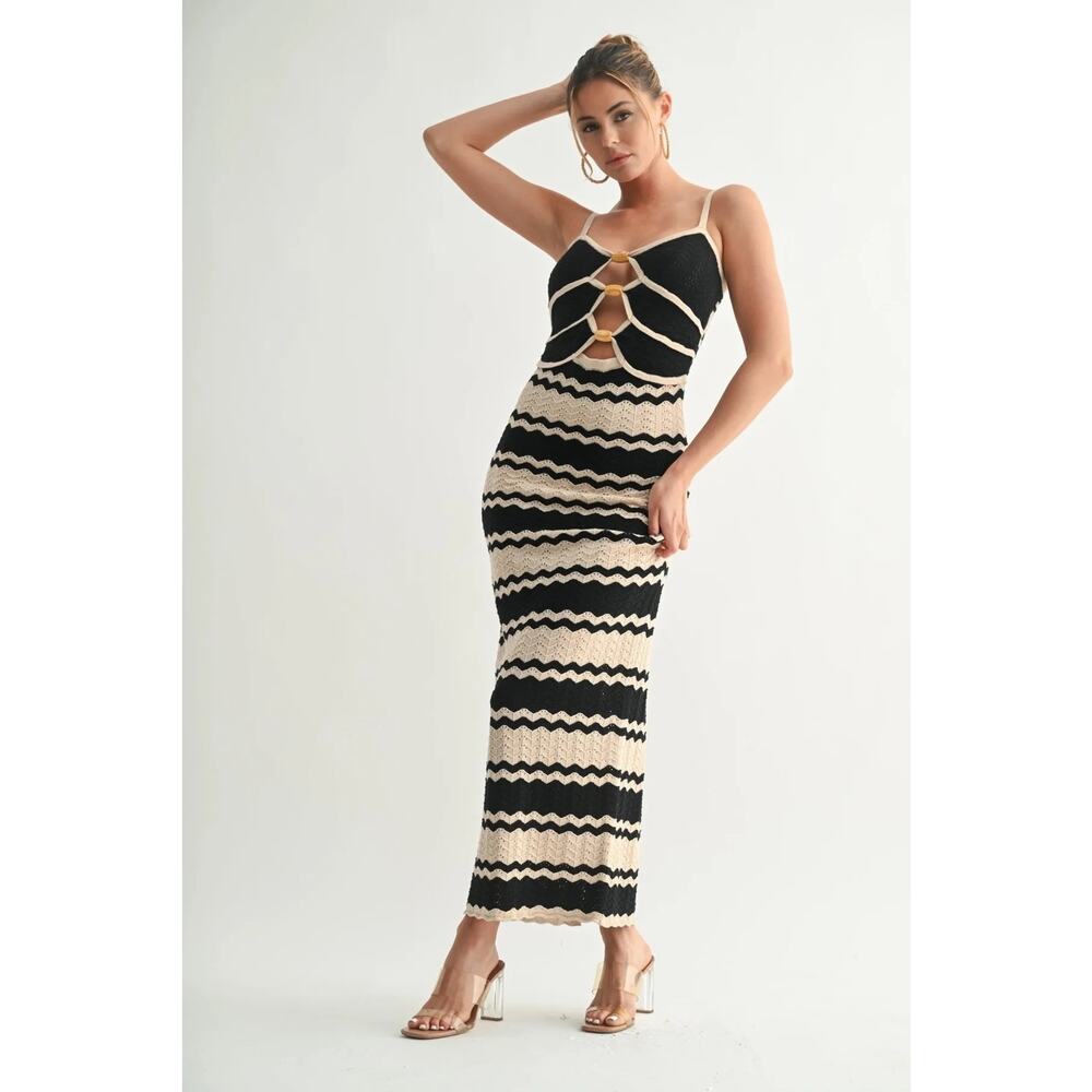 Seven Wonders Bohemian Vacation Style Zig-Zag Knit Ring Front MIDI Dress Summer - Picture 2 of 13